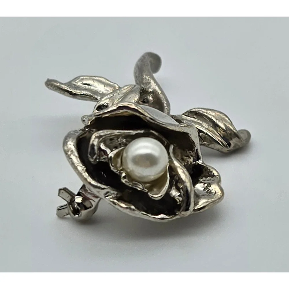 Rose Brooch Vintage Silver Tone Faux Pearl Floral Pin Estate Jewelry